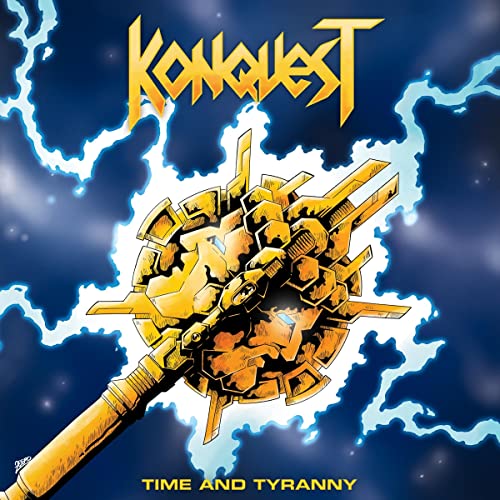 Konquest album cover: golden mace with lightning on a blue background.