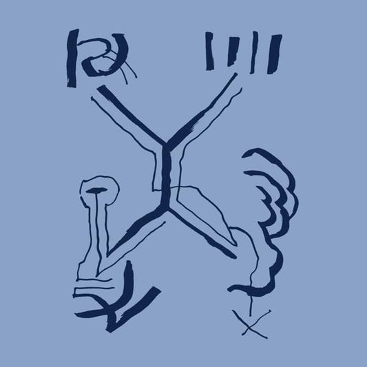 Blue album cover with abstract, dark blue line drawing of a figure.