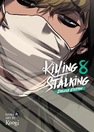 Close-up of a character wearing a white face mask on the Killing Stalking cover.