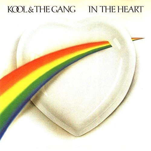 White heart-shaped CD with rainbow stripe on a white background, Kool & The Gang album cover.
