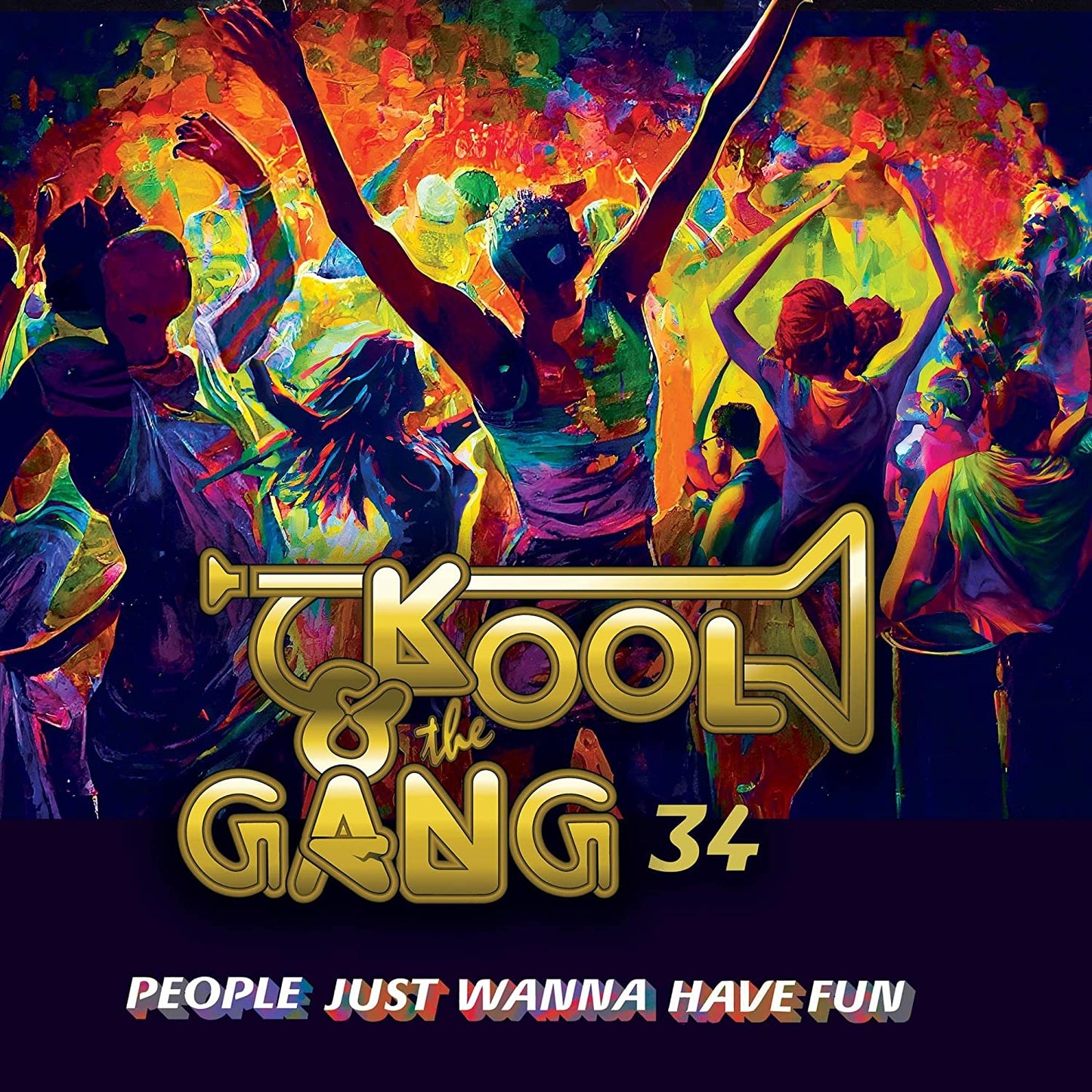 Colorful, impressionistic painting of people dancing with the Kool and the Gang logo overlaid.