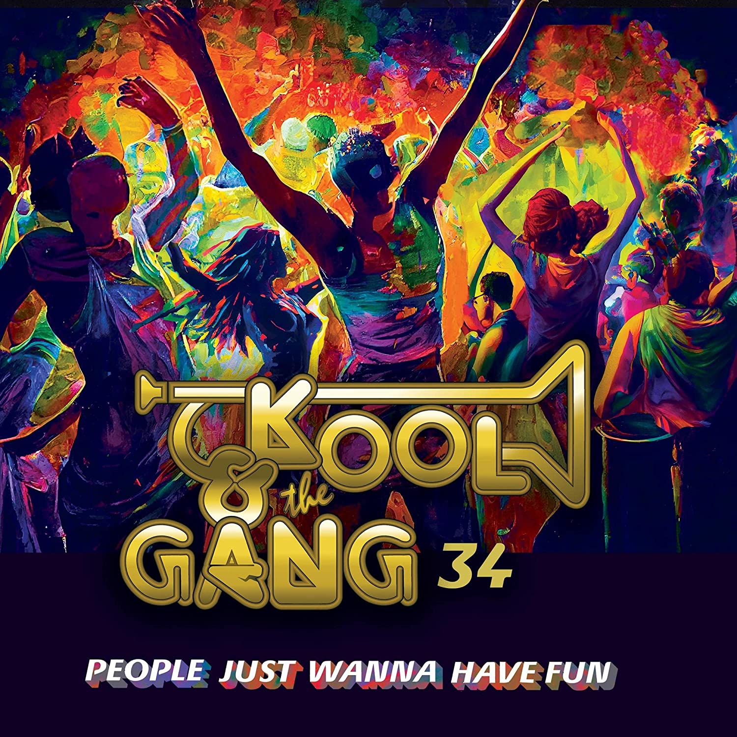 Colorful, impressionistic painting of people dancing with the Kool and the Gang logo overlaid.