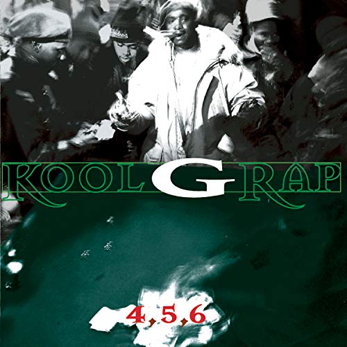 Kool G Rap album cover, black and white photo with green and red text.