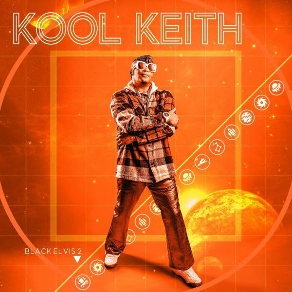 Kool Keith portrait on orange album cover with space imagery.