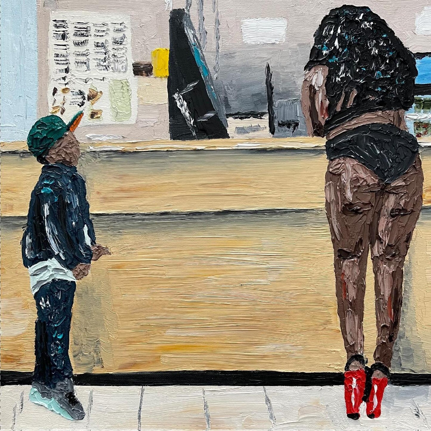 Painted image of a child looking up at a person’s back.