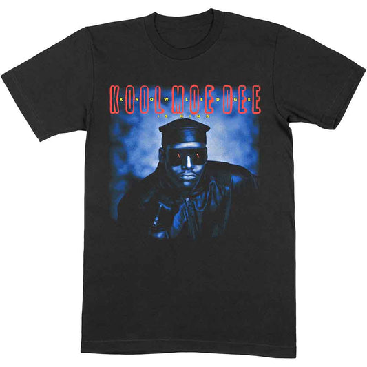 Black unisex t-shirt with white text: "Knowledge Is King" and Kool Moe Dee branding.