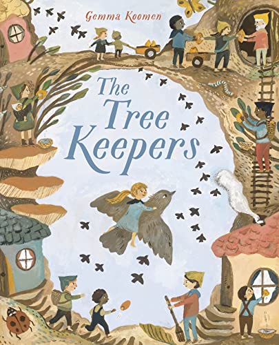 Children and birds surround a tree and whimsical houses.