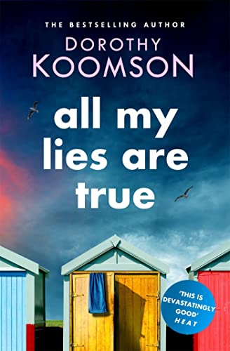 Book cover with beach huts, blue sky, and large white title text.