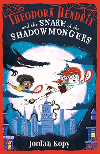 Book cover: two children fly toward a shadowy dragon over a city.