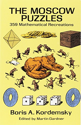 Book cover for The Moscow Puzzles featuring a cat surrounded by mice and geometric shapes.