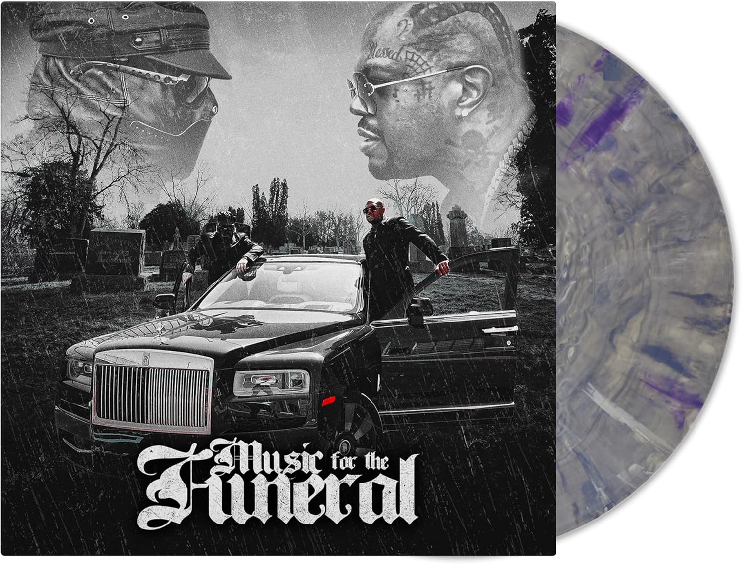 Vinyl record cover featuring two men and a car in a graveyard with purple-marbled disc.