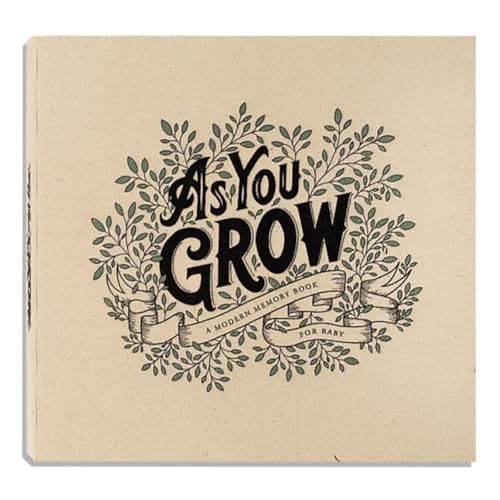 Beige baby memory book with leafy botanical illustration and title.