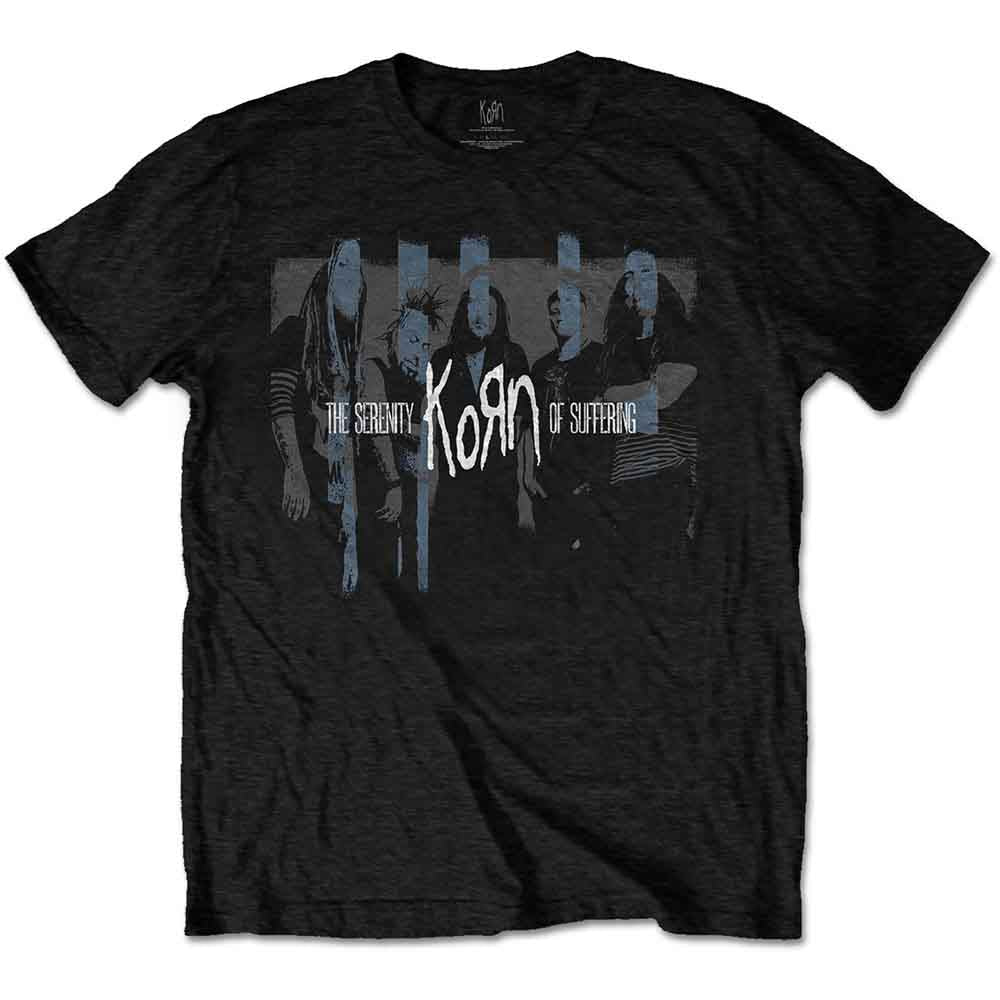 Black Korn t-shirt with band member silhouettes and logo graphic.