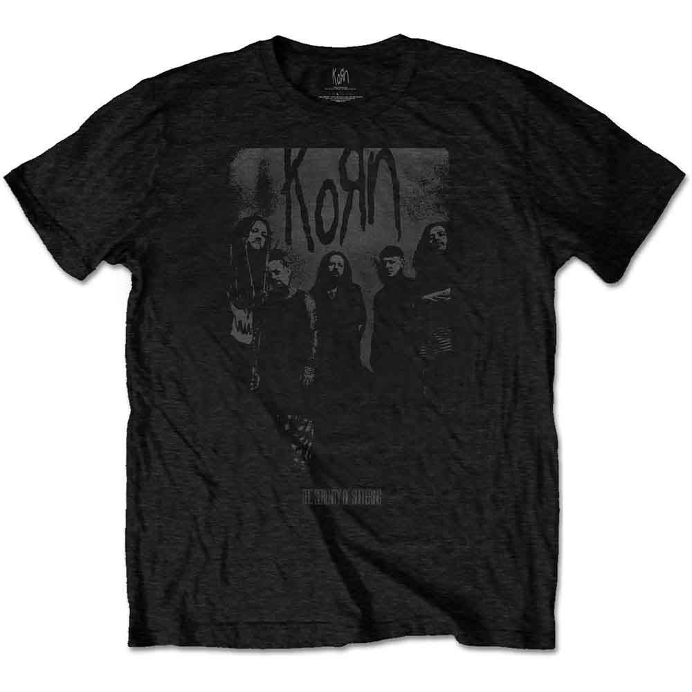 Black t-shirt with distressed graphic of the band Korn.