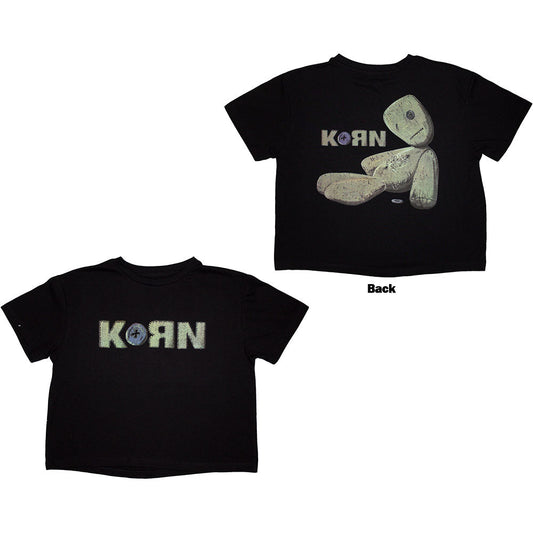 Black cropped women’s t-shirt with Korn’s “Doll Issues” design on the back.