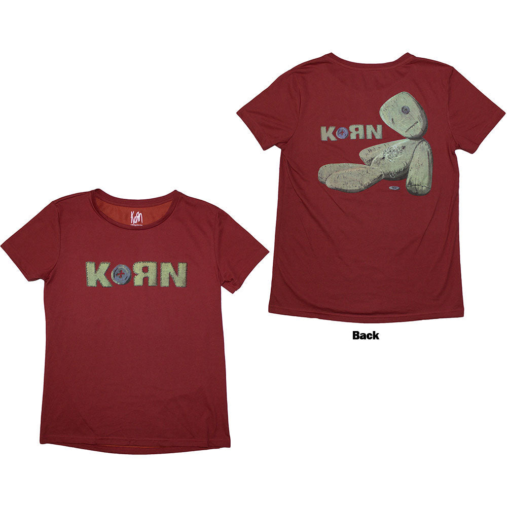 Black ladies' t-shirt with large back print featuring Korn's "Doll Issues" artwork.