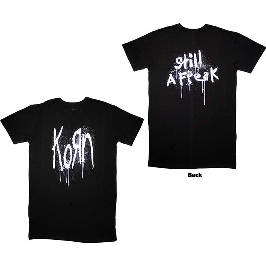 Black Korn t-shirt dress with white dripping text, front and back views.