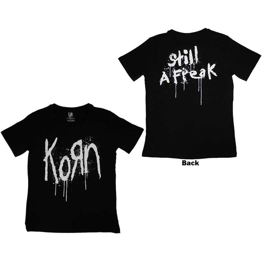Black ladies' t-shirt with large back print featuring Korn band logo and text.