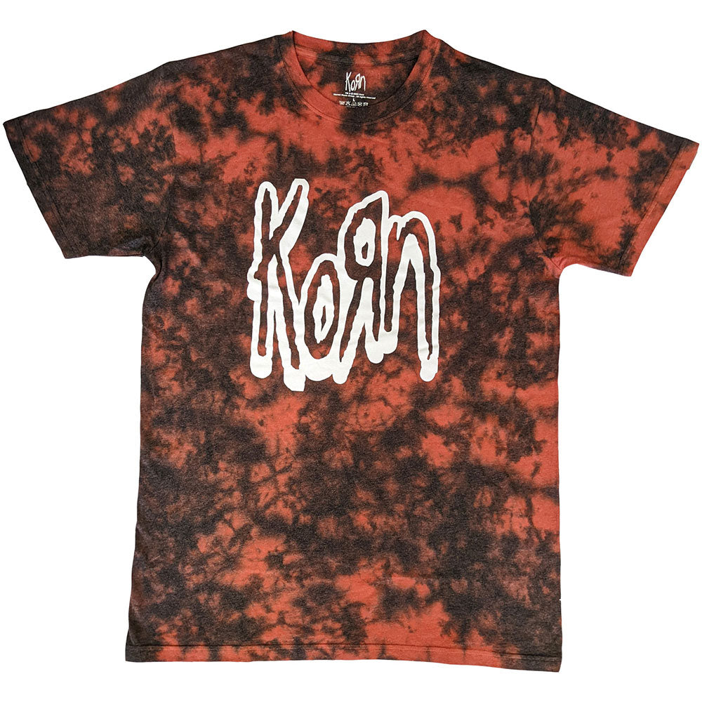 Red tie-dye t-shirt with white “Korn” logo centered on the chest.