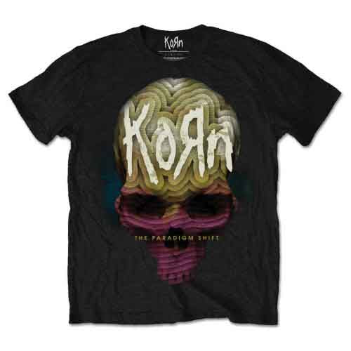 A man wearing a black Korn t-shirt with a stylized skull and brain graphic.