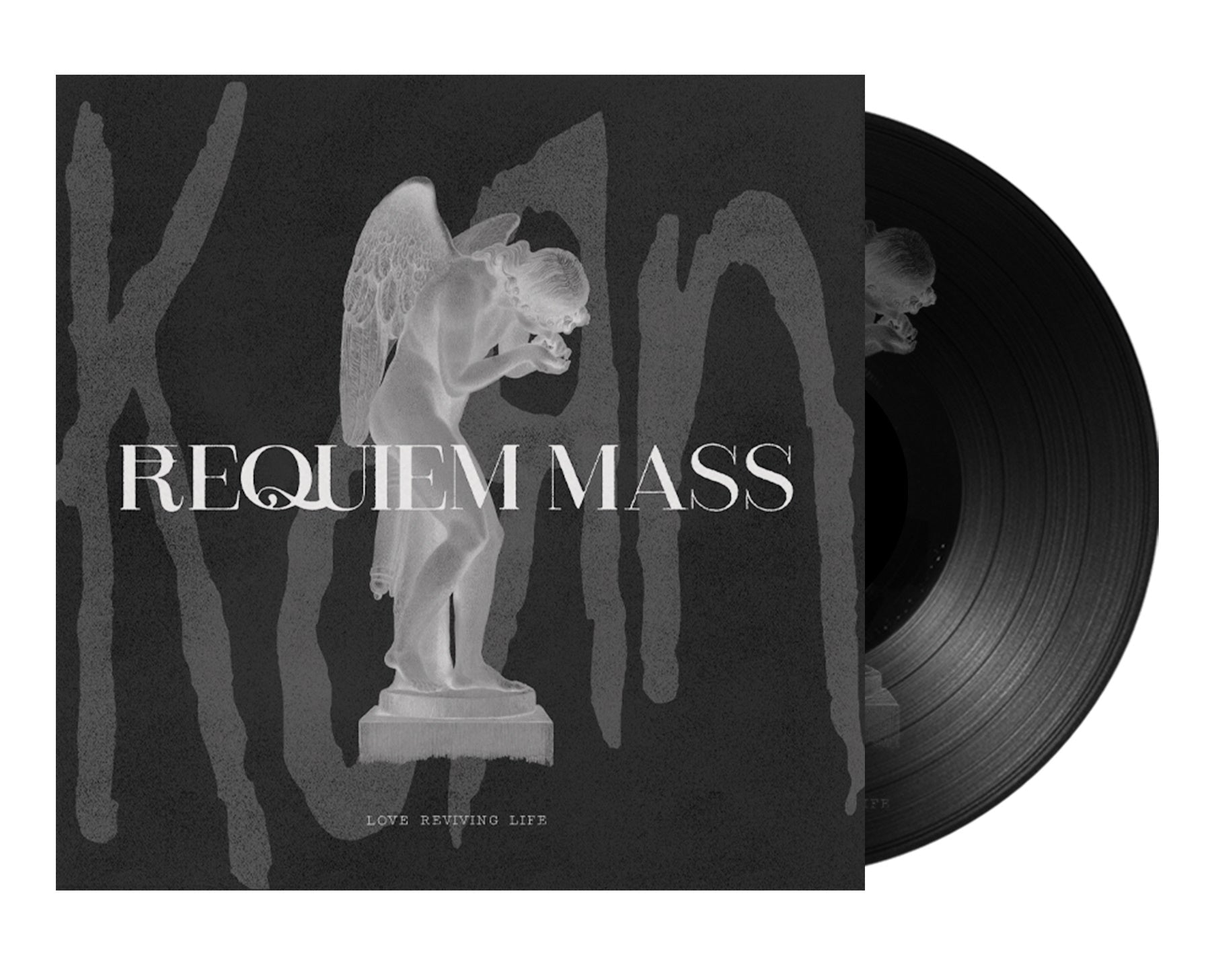 "Black vinyl record with cover art featuring a white angel statue and 'Korn Requiem Mass' text."