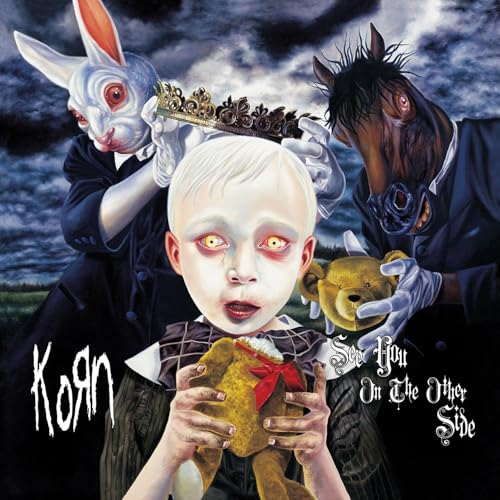 Korn album cover: surreal figures with a child, bunny, and horse.