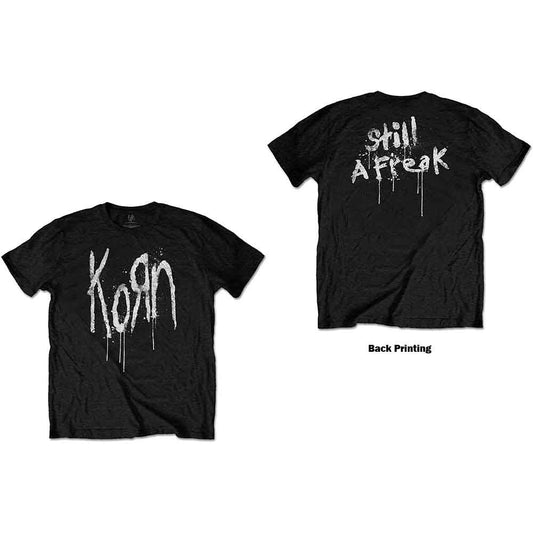 Man wearing black Korn t-shirt with distressed white band logo.