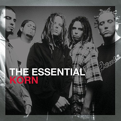 Black and white photo of the band Korn, album cover for "The Essential Korn".
