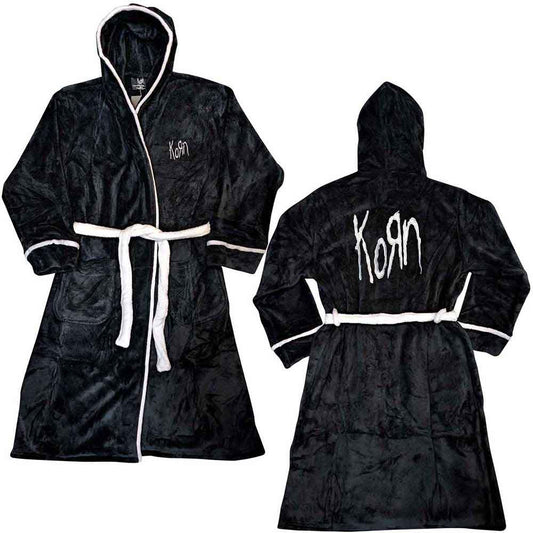 Black hooded bathrobe with white trim and "Korn" logo, worn by a man.