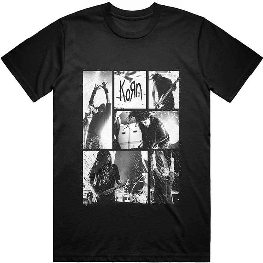 Black Korn t-shirt with geometric block design, size medium.