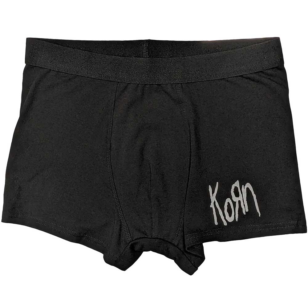 Korn logo boxers, size large, dark background with band's name.
