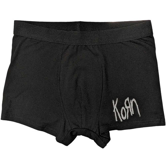 Korn logo boxers, size large, dark background with band's name.