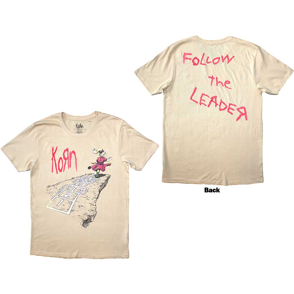 Black Korn t-shirt, large back print of hopscotch court with "Follow The Leader" text.