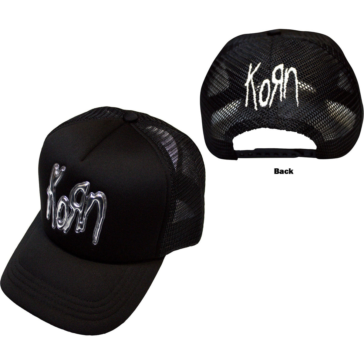 Black Korn mesh cap with silver logo, front and back views.