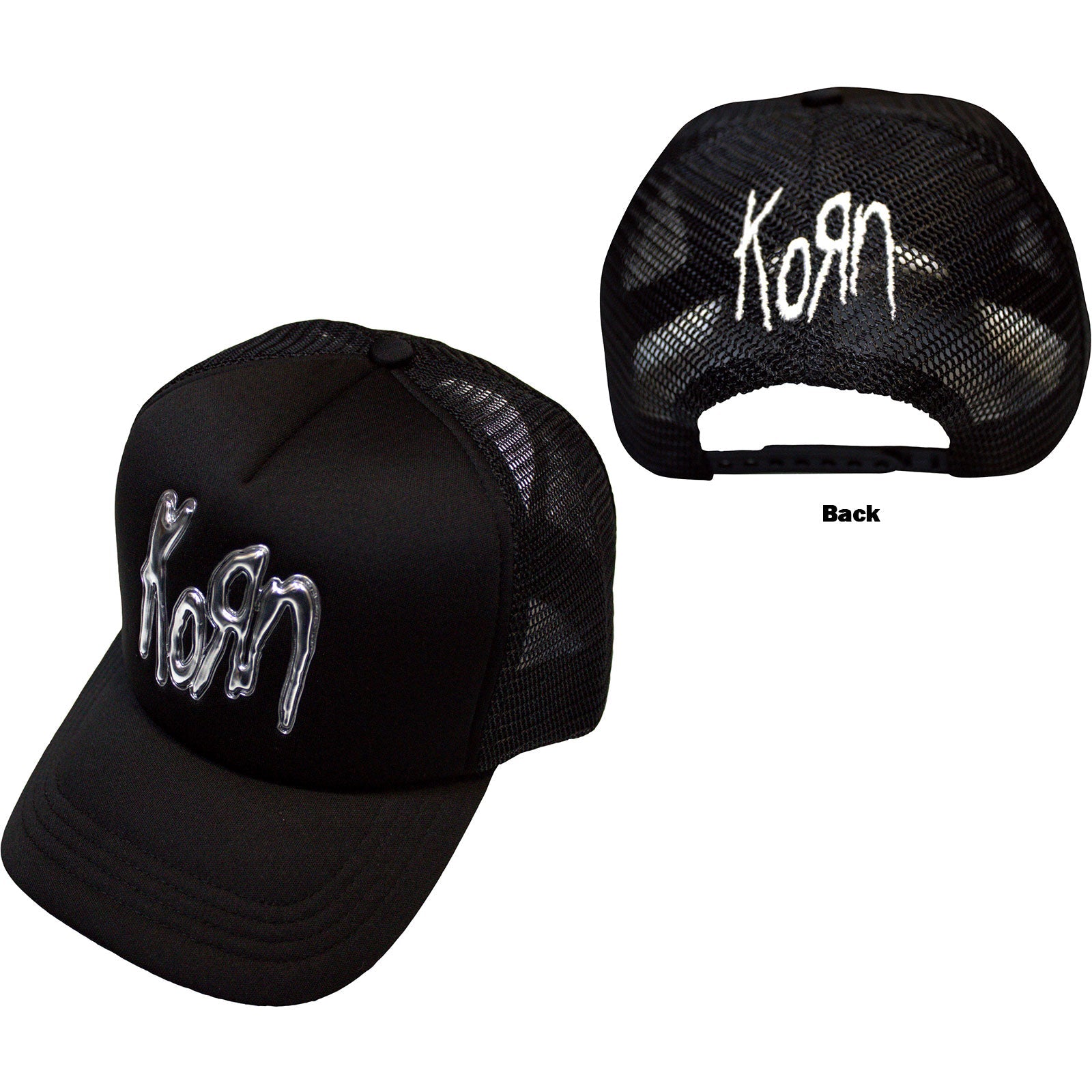 Black Korn mesh cap with silver logo, front and back views.