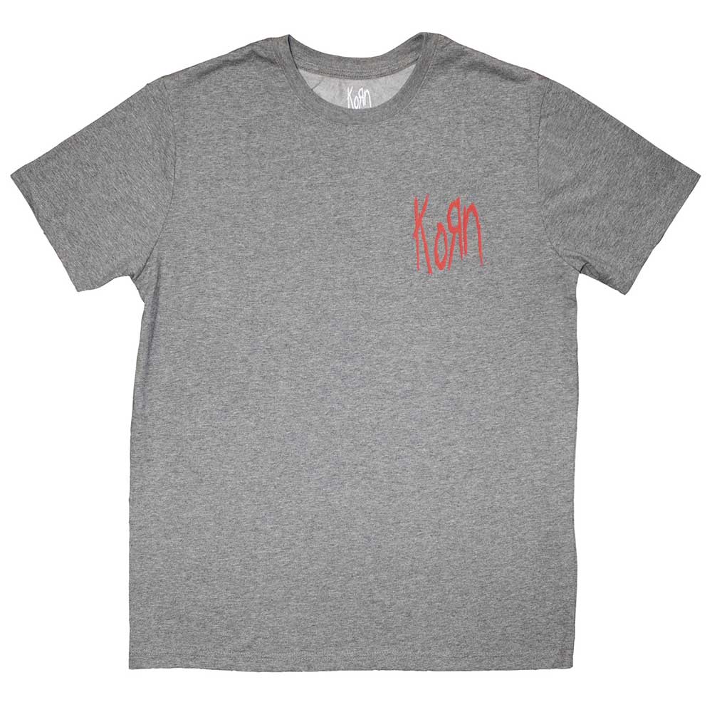 Black unisex t-shirt featuring a small red Korn logo centered on the chest.