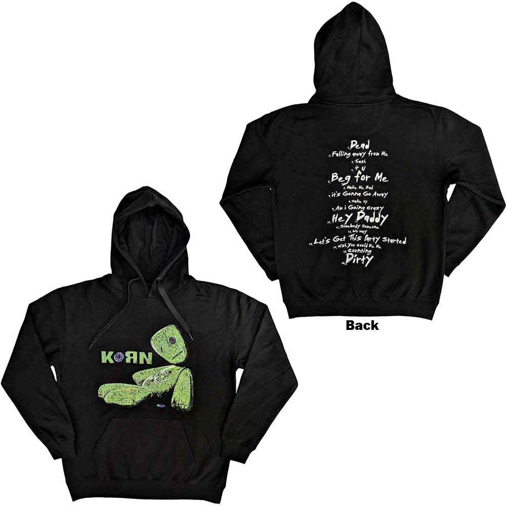 Black unisex hoodie with Korn's "Issues" album tracklist printed on the back.