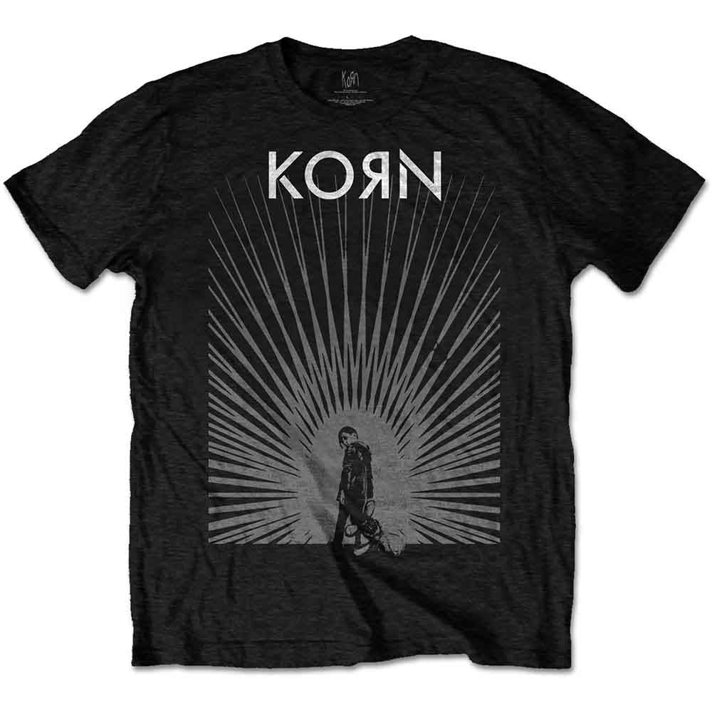 Black Korn t-shirt with graphic of a figure and radiating lines.