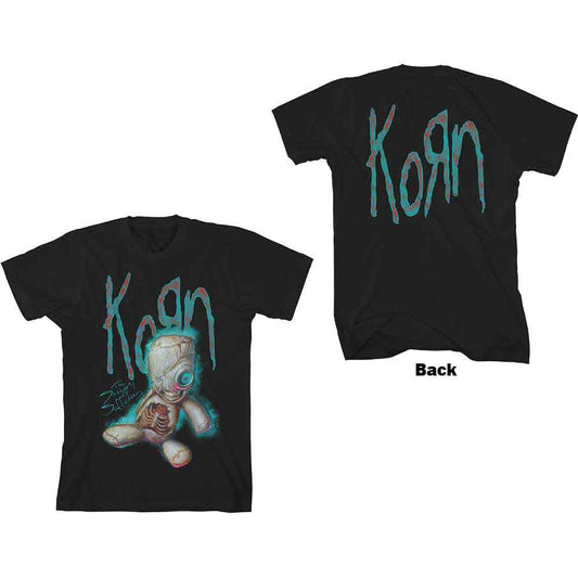 Black Korn t-shirt with large back print of a doll, size XX-Large.