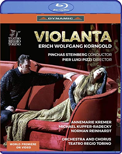 Blu-ray cover for Korngold’s *Violanta* opera, featuring a dramatic scene with two singers.