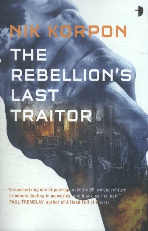 Book cover: face overlaid on a dystopian city landscape, orange text.