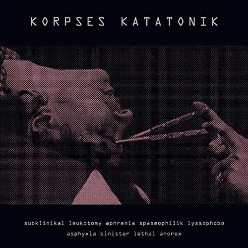 Dark album cover with a halftone image of a medical procedure.