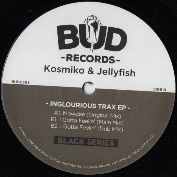 White vinyl record label with black text: "BUD Records - Inglorious Trax Ep".