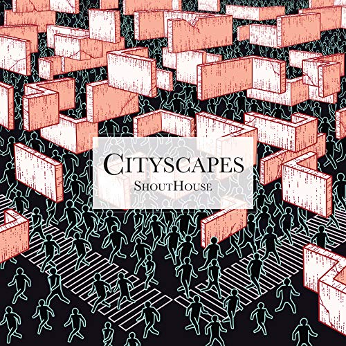 Isometric illustration of a city with crowds and blocky buildings.