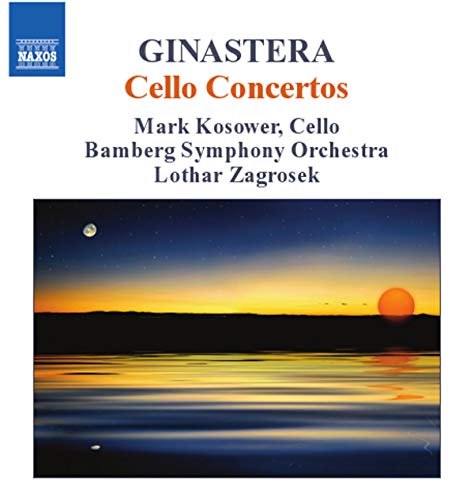 CD cover for Ginastera’s Cello Concertos with a sunset seascape.