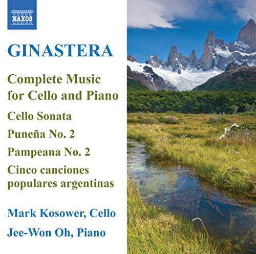 CD cover featuring text about Ginastera's cello music alongside a mountain landscape with stream.