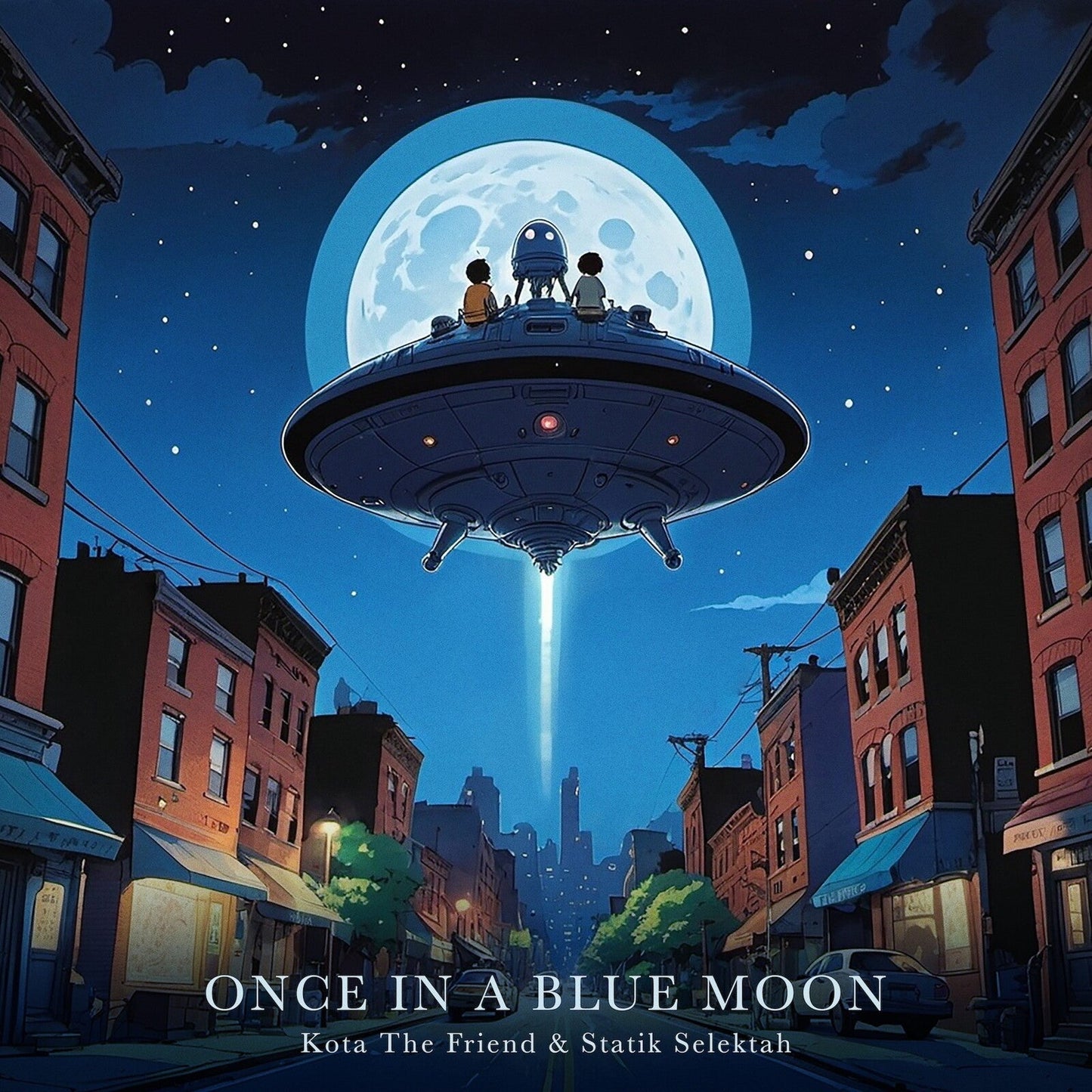 Album cover: two figures on a UFO under a large blue moon.