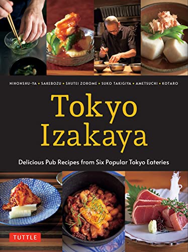 Cookbook cover featuring a grid of Japanese pub food and a chef cooking.