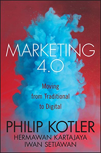Book cover: "Marketing 4.0" with abstract blue cloud on red background.