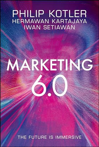 Book cover for "Marketing 6.0" with abstract pink and blue design.